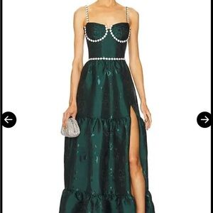 V. Chapman Dark Green Pearl-Trim Maxi Dress